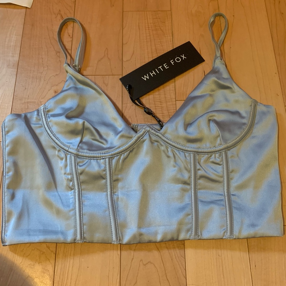 White Fox Boutique Blue Satin Crop Top